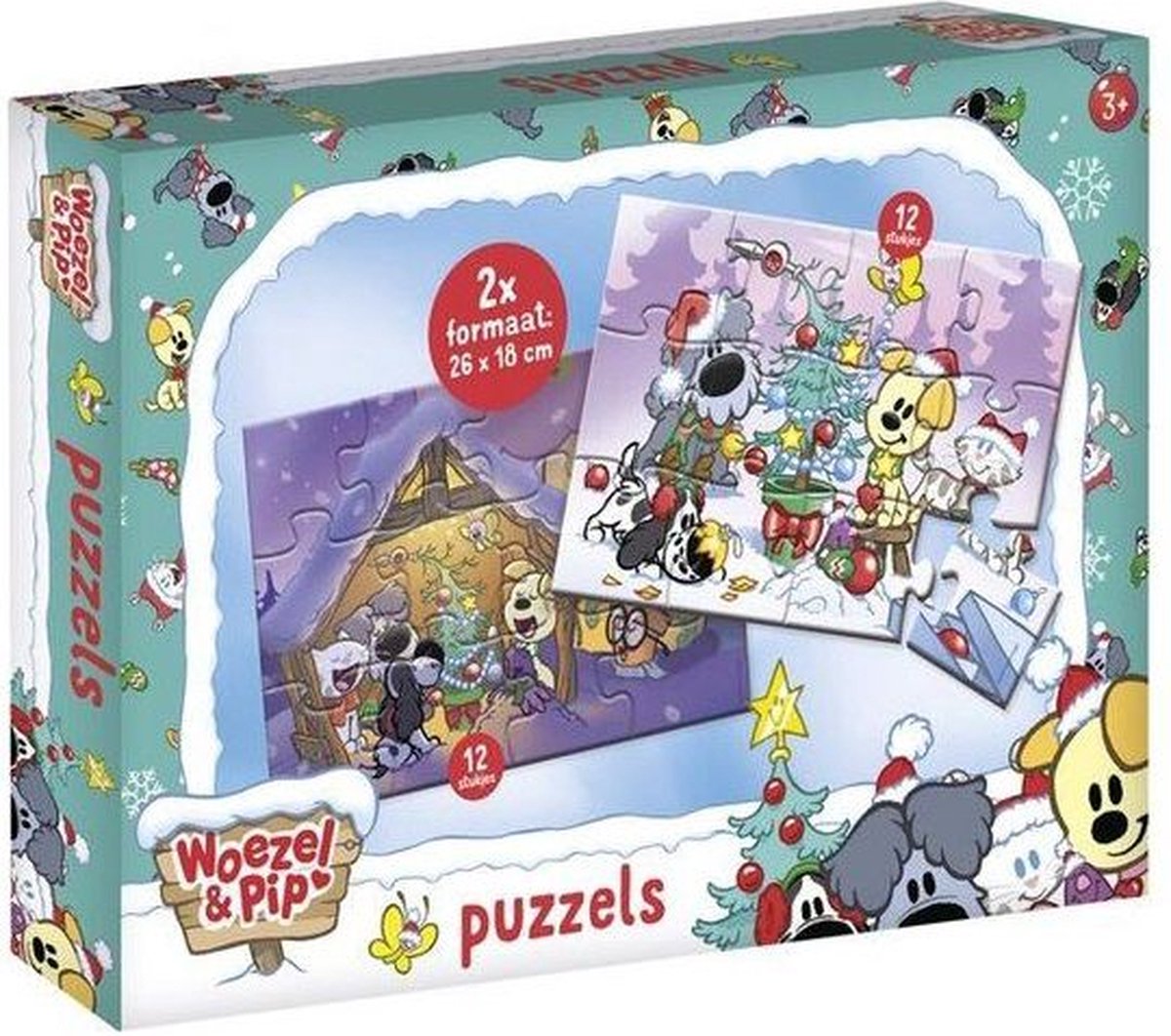 Woezel en Pip | Kerstpuzzel |  2 x 12 Stukjes | 3+